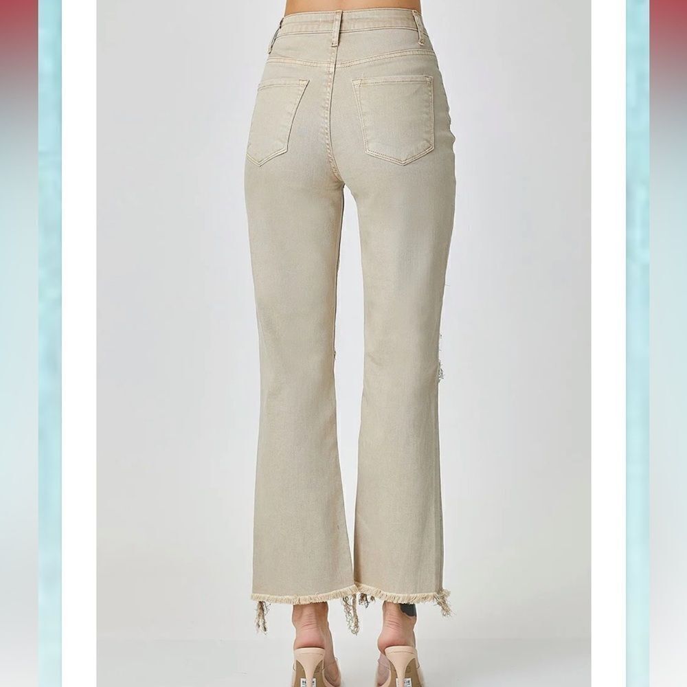 RISEN LOS Angeles Sand High Rise Distressed Straight Leg Jean Raw Hem 7/28 NEW - Picture 4 of 16